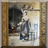 A39. Watercolor paining of woman with spindle signed Antonio Talves - Roma. Frame: 26”h x 20”w 